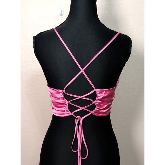 Women's Xsmall Satin Pink Cowl Neck Corset Crop Top Barbiecore Party Y2K - Picture 6 of 12